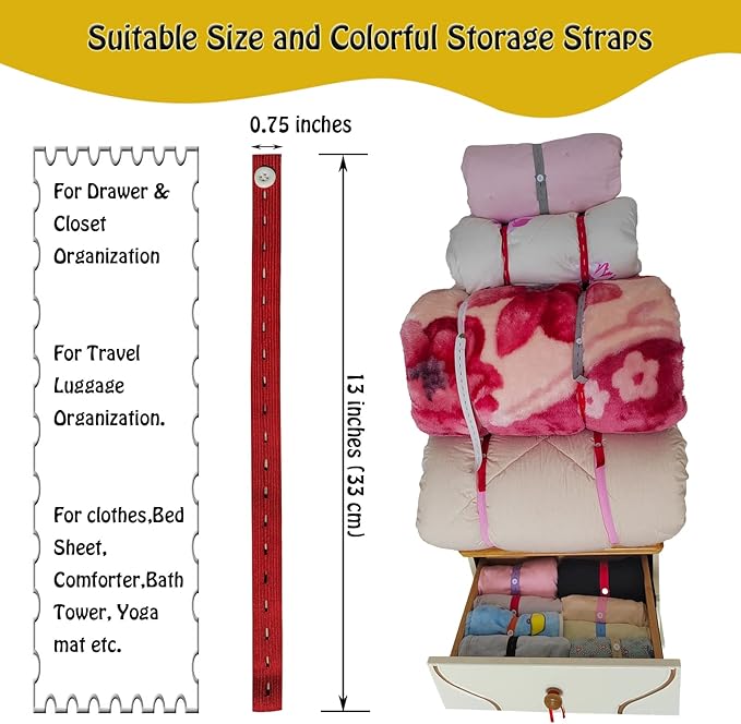 100Pcs Elastic Band with Button & Buttonholes,Heavy Duty Drawers Clothing Storage,Adjustable Roll-up Clothes Storage Band,Travel Luggage Space Saver, Drawer & Closet Organizer