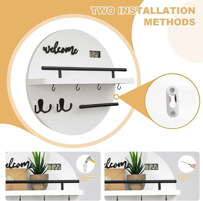 Key Holder for Wall, Key and Mail Holder Organizer with - Key Holder Wall Mount - Round Wooden Rustic Home Decor for Entryway, Mudroom, Hallway, Kitchen Office (White&Black)