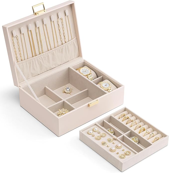 VLANDO 2 Layer Jewelry Boxes Large Jewelry Organizer for Women Removable Jewelery Tray for Watch Necklace Earrings Rings Bracelets Wedding Gifts Bride Gifts(Apricot White)