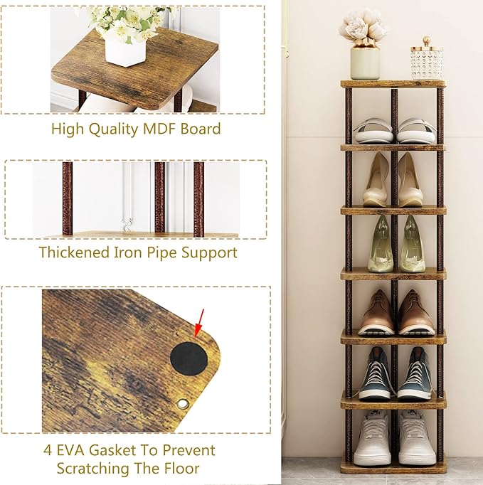 SORCEDAS 7 Tiers Vertical Shoe Rack Wooden Shoe Storage Organizer for Space Saving Narrow Shoe Shelf Storage 7 Pairs for Entryway Living Room Bedroom(Bronze + Rustic Dark Brown)