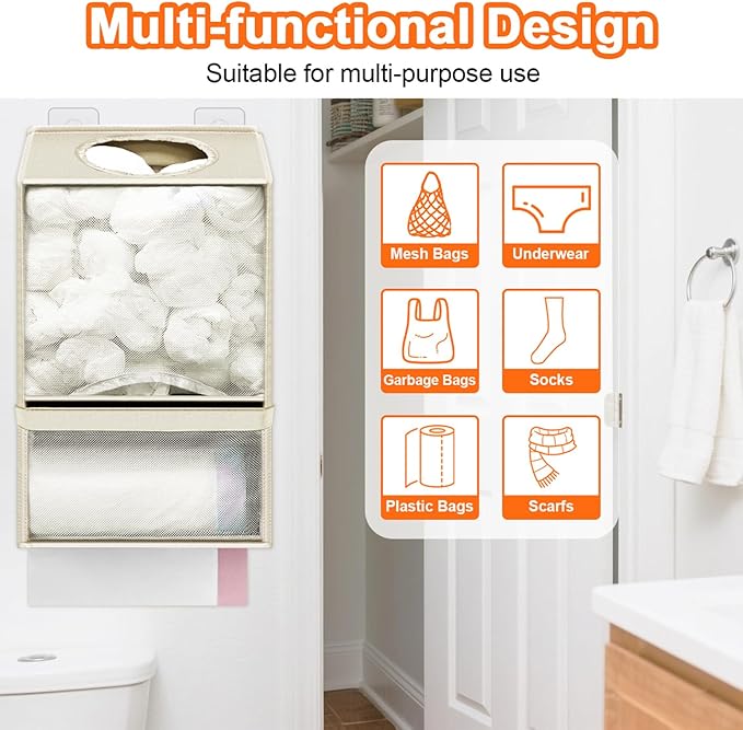 Plastic Bag Holder - Large Wall Mount Grocery Bag Holder & Dispenser for Home Kitchen, 2-in-1 Space-Saving Durable Organizer House Necessities, Beige