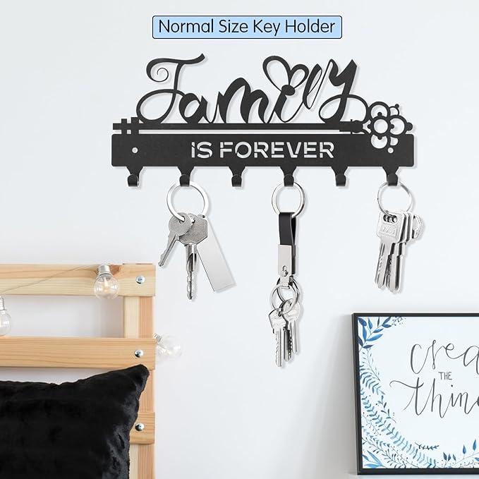”Family is Forever”Key Holder Wall Mounted,Key Holder on Wall,Black Metal Decorative Key Rack Hooks for Garage,Mudroom,Hallway,Entryway,Front Door,Office(Normal Size:28x12.3cm)