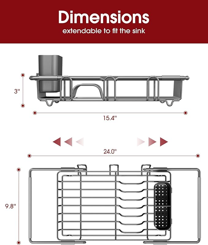 Dish Drying Rack in Sink - Expandable Stainless Steel Dish Rack Over the Sink, Kitchen Sink Drain Strainer with Cutlery Holder & Cup Holders, 15.4 x 9.8 x 3.0 Inch, Grey