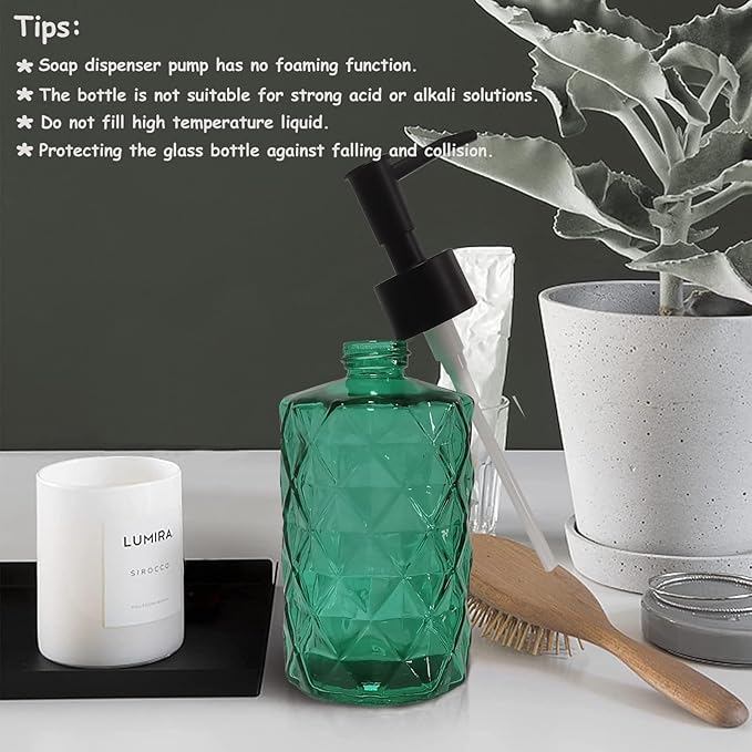 Green Bathroom Soap Dispenser Set with Black Plastic Pump, 12oz Glass Lotion Dispenser, Crystal Hand Soap Dispenser for Modern Home Decor, Kitchen Countertop, Hotel