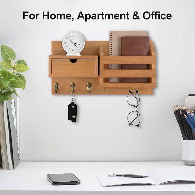 Wall Mount Key Holder with Mail Organizer, 100% Paulownia Wood, 7 Metal Hooks, Storage Drawer, Entryway Home Decor
