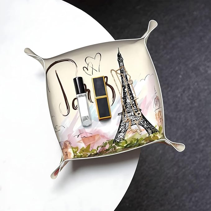 The Famous Paris Eiffel Tower Leather Vanity Tray Desktop Storage Organizer, Decorative Catchall Perfume Tray, Bathroom Valet Tray,Nightstand Caddy Holder for Keys Phone Wallet Coin Jewelry, S