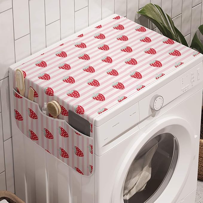 Ambesonne Strawberry Washing Machine Organizer, Girlish Pattern with Tasty Fruits on Stripes, Anti-slip Fabric Cover for Washers and Dryers, 47" x 18.5", Pink Seafoam