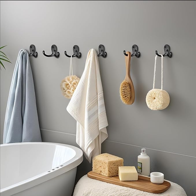 Coat Hooks Wall Hooks for Hanging - 15 Pack Black Double Prong Hook Wall Mounted - Great for Living Room, Bedroom, Entryway, Closet for Coat, Bag, Towel, Hat, Key, Cup, Heavy-Duty, Easy to Install