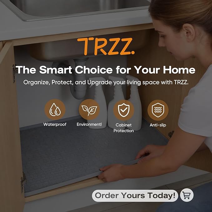 TRZZ Silicone Waterproof Under Sink Mat 34" x 19", Drip Tray and Cabinet Liner for Kitchen and Bathroom, Prevents Water Damage and Organizes Cabinets (Grey)