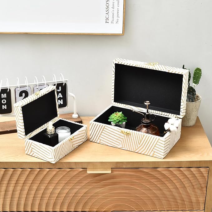 Velvet Decorative Boxes Storage Accessory Organizer with Gold Stripe Set of 2, White