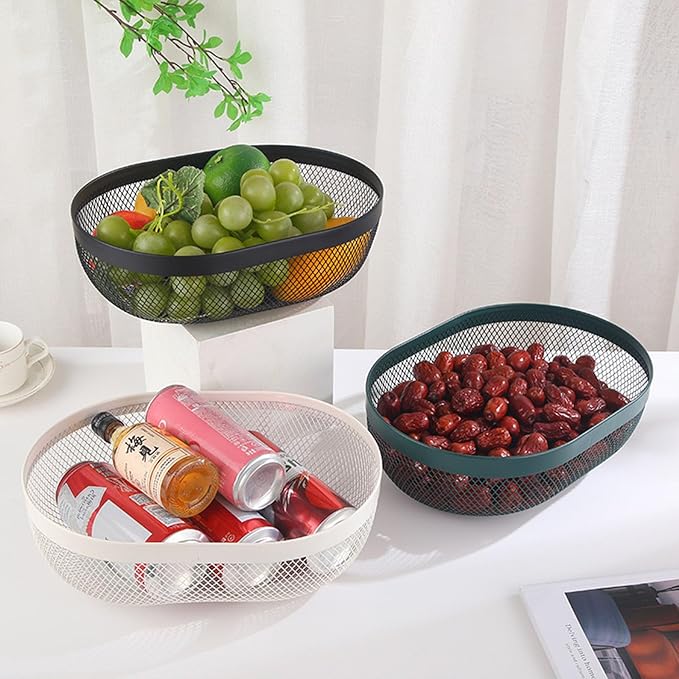 Metal Mesh Steel Basket, Oval Metal Wire Storage Organizer Baskets Multi Functional Kitchen Baskets Countertop Fruit Baskets Garden Harvest Basket for Kitchen Picnic Decor Cabinet Home, Black