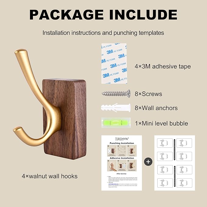 4 Pack Walnut Wood Wall Coat Hooks for Hanging, Adhesive Mounted & Wall Mount Heavy Duty Wooden Double Hook Hanger for Towel Backpack Hat Jacket Clothes Blanket Purse Robe Key Gold Hook