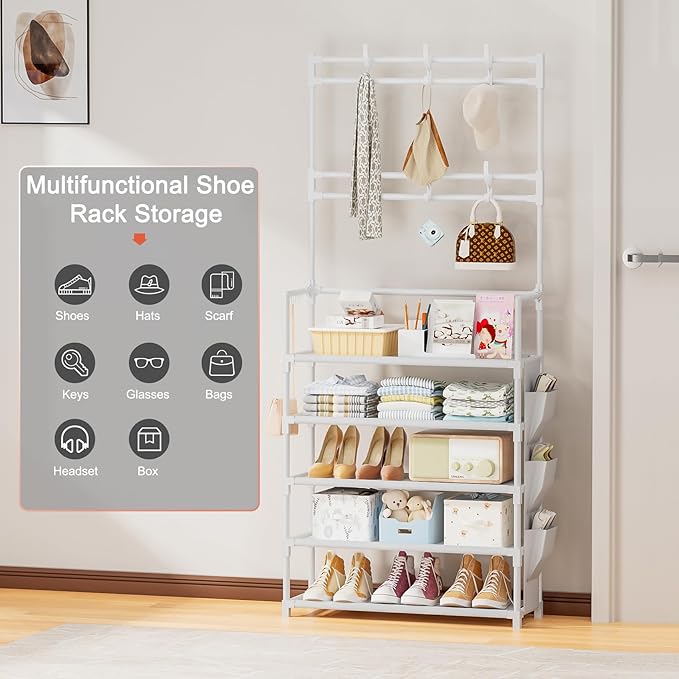 OYREL Shoe Rack 5 Tier Shoe Organizer Storage 15-20 Pairs Shoes Rack for Closet Entrance Shoe Rack Organizer with Hooks and Side Pocket Entryway Shoe Holder Space Saving Free Standing Shoe Racks
