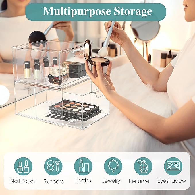 6 Pack Stackable Makeup Organizer and Storage, Acrylic Organizers,Clear Plastic Storage Drawer with Pull-Out Handles for Vanity, Undersink, Kitchen Cabinets, Pantry