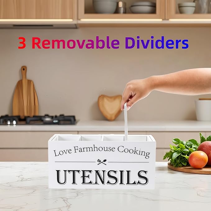 Utensil Holder,Extra Large Wooden Utensil Holder For Kitchen Counter,Cooking Spatula Organizer,Big Storage Caddy With 4 Compartments Flatware Spoon Tool Cutlery(White)