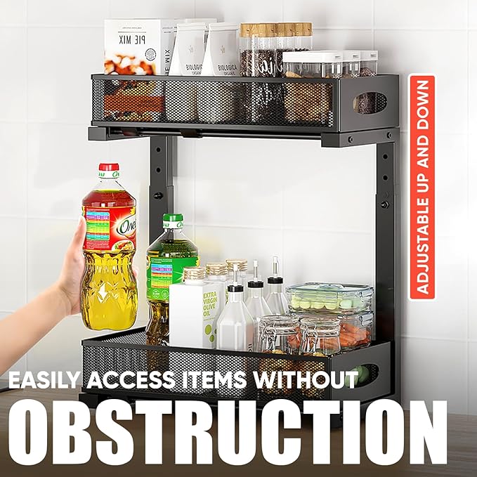 2Pack Under Sink Organizer 2 Tier Kitchen Spice racks and Storage – Pull Out Cabinet Organizer for Cleaning Products, Pantry Organization (Black)