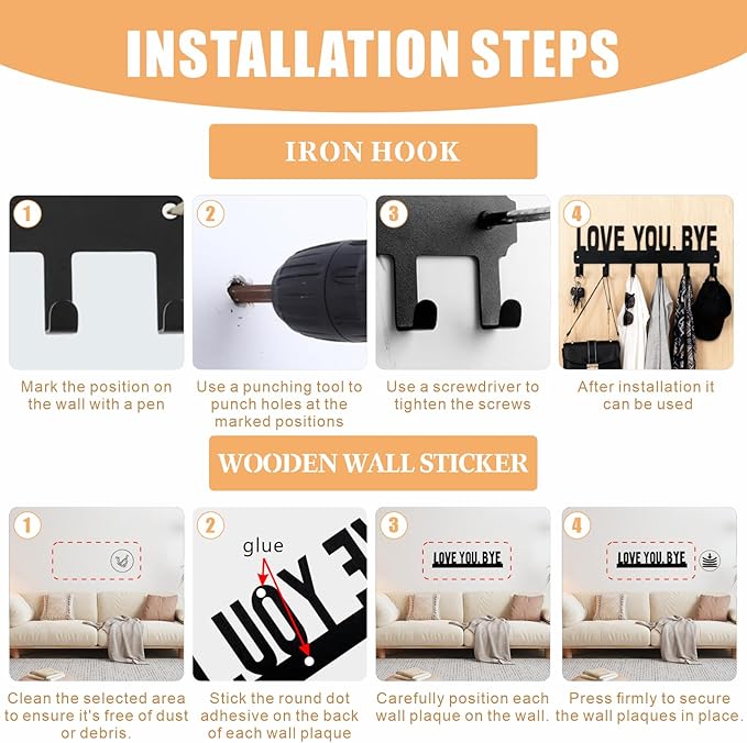 2 Piece Key Holder Wall Mount, Love You Bye Key Holder for Wall, Key Holder Hook Rack Organizer Hanger with 6 Hooks for Entryway, Front Door, Hallway, Living Room