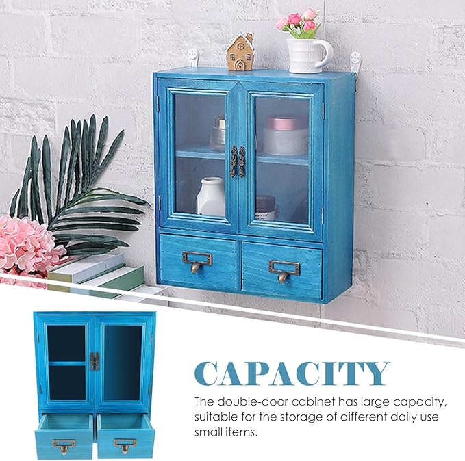 Vintage Wooden Wall Cabinet Organizer 14.17X12.20X4.88In Double Door Storage Box for Bathroom Kitchen Living Room Display and Small Item Storage
