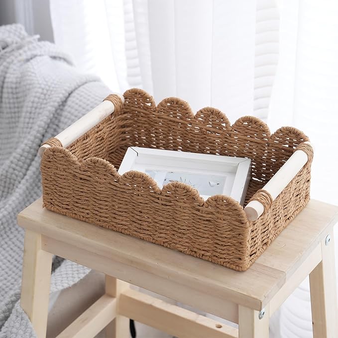 2-Pack Wicker Storage Baskets, Small & Big Scalloped Laundry Baskets for Shelves, Boho Bathroom Decor Organizer with Handles for Toilet Paper, 11.8x7.9x3.9 & 9.8x5.9x3.5 Inch