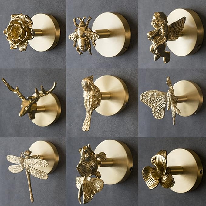 Brass Bird Coat Rack Robe Wall Hooks Hat Dragonfly Hanger for Bedroom Kitchen Various Shapes Animal Deer Decor Home Accessories (1, Butterfly)