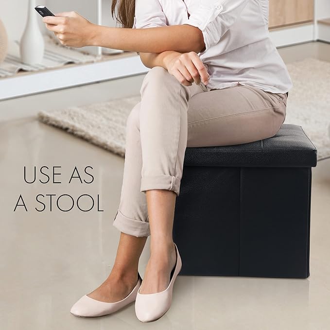 LotFancy Storage Ottoman, Foldable Foot Rest Stool, 13x12x12 Inches Small Leather Bench with Storage, Holds up to 260 lb, for Living Room, Bedroom, Dorm, Black