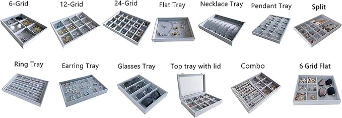Gray Velvet Stackable Organizer Premium Quality Stackable Tray Halft 6 Grid and Half Open Multi Function Storage Drawer Divider Closet Inserts