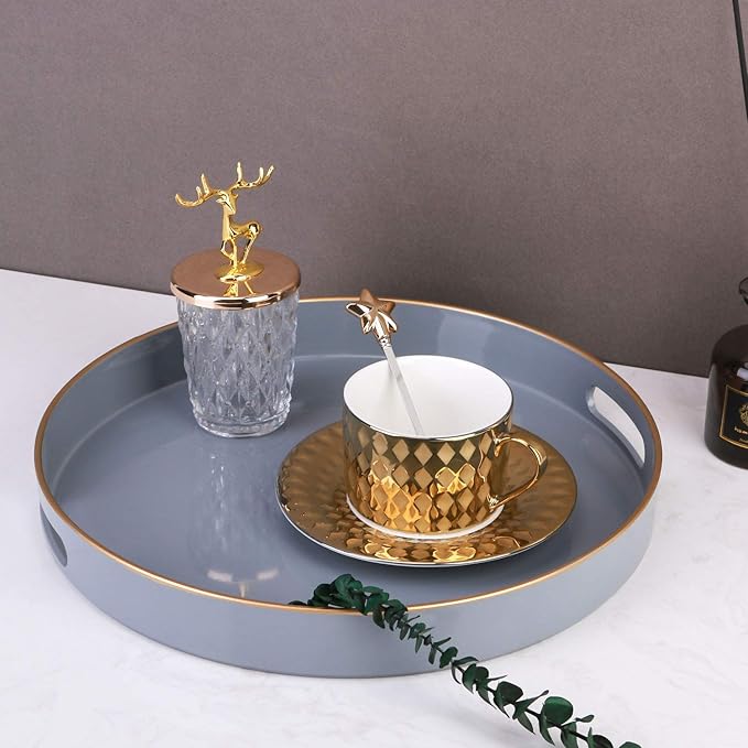 Zosenley Decorative Tray, Round Plastic Tray with Handles, Modern Vanity Tray and Serving Tray for Ottoman, Coffee Table, Kitchen and Bathroom, Size 13â (Gray)