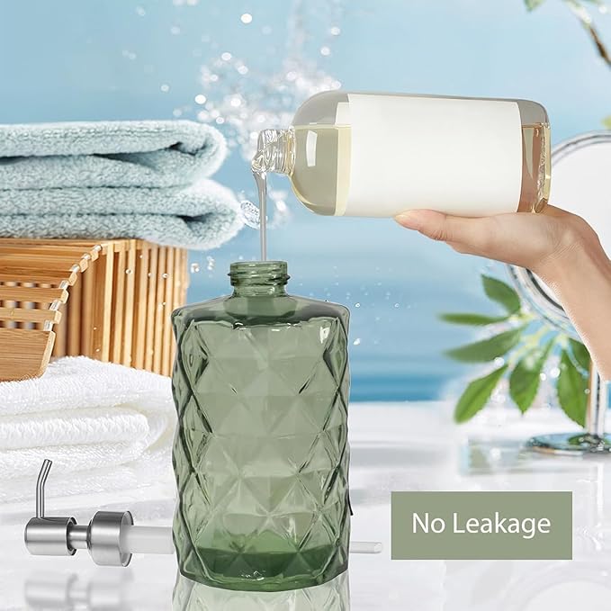 12Oz Green Soap Dispenser Bathroom - 2 Pack, Clear Glass Hand Soap Dispensers with Stainless Steel Pump, Refillable Dish Soap Dispenser for Kitchen, Countertop Soap Dispensers