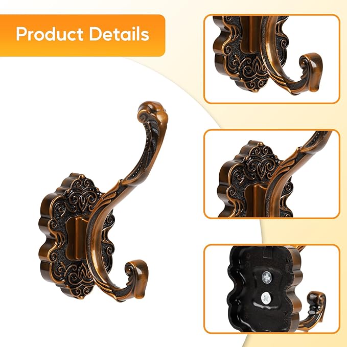 Vintage Wall Hooks, Unique Heavy Duty Wall Hooks for Hanging Towel Key Purse Hat Robe Clothes Decorative Hook for Bathroom Shower Closet Entryway Antique Brass 4 Pack