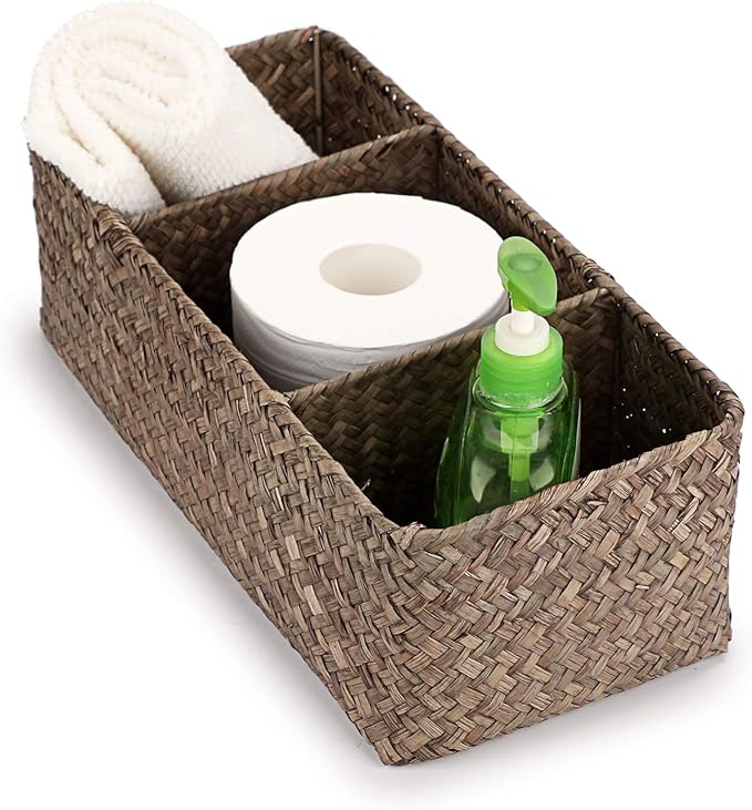 Hipiwe Seagrass Nesting Storage Basket - 3 Compartment Hand-Woven Wicker Toilet Paper Storage Bin Bathroom Organize Basket for Shelves, Kitchen Cabinets, Pantry, Bathroom, Closets Organizer