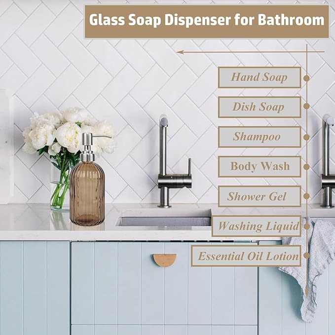 14Oz Brown Soap Dispenser Bathroom - 2 Pack, Clear Glass Hand Soap Dispensers with Stainless Steel Pump, Refillable Dish Soap Dispenser for Kitchen, Countertop Soap Dispensers