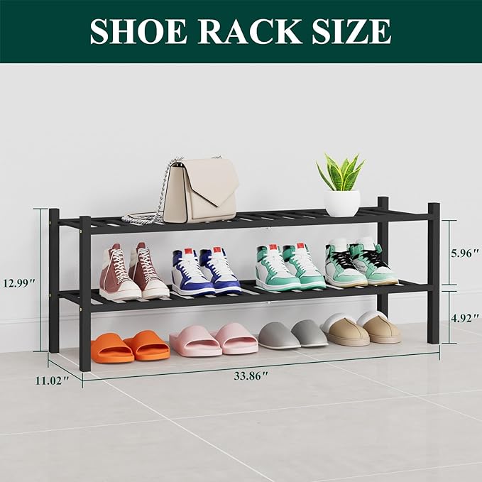 Smiry Shoe Rack, 2 Tier Thick Long Bamboo Shoe Organizer, Stackable Free Standing Wooden Shoe Storage Shelf for Closet, Entryway, Front Door Entrance, Black
