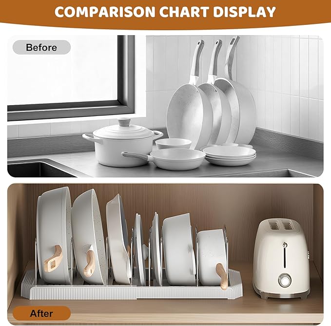Expandable Pot Rack Organizer, 12 Adjustable Compartments, Pot and Pan Organizer Rack for Cabinet with Cup Brush Dividers, 13 -22" Wide Adjustable Pan Organizer - Pantry Countertop Storage (White)