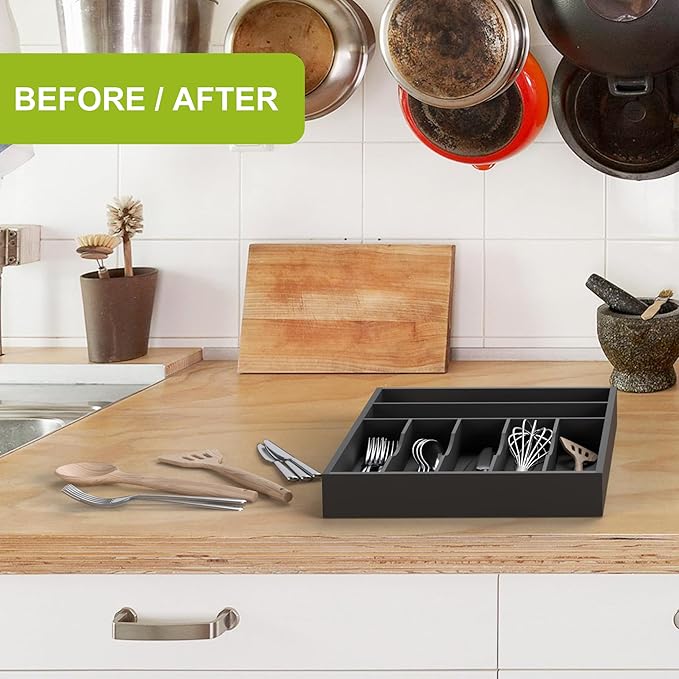 Sliverware Organizer, Bamboo Kitchen Drawer Organizer, Flatware Organizer Tray Holder for Sliverware, Utensil & Cutlery (Black, 7 Slots)