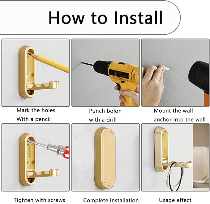 6PCS Folding Coat Hooks, Heavy Duty Wall Hooks Made of Zinc Alloy, Foldable Gold Wall Hooks for Hanging Coats, Scarves, Hats, Bathrobes, Keys, Bags (Gold)