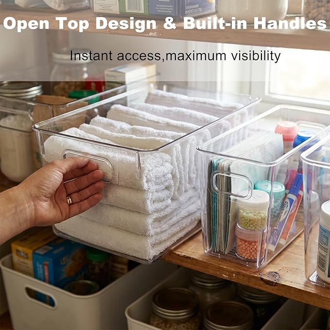 MOONEDGE 4 Pack Modular Clear Plastic Storage Organizer Bins â 2 Large & 2 Narrow, Nestable Space-Saving System for Pantry & Kitchen Storage, Fridge, Bathroom & Cabinet