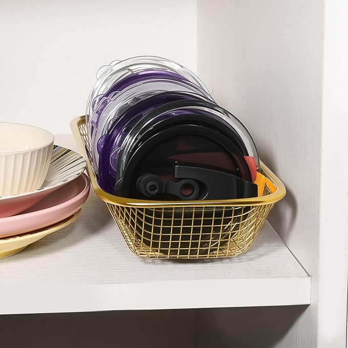 2Pack Stainless Steel Tumbler Cup Lid Organizer Inside Cabinet, Mason Jar Lid Holder, Rectangular Basket for Storage of Silverware, Chopsticks, straws and Utensils, Gold
