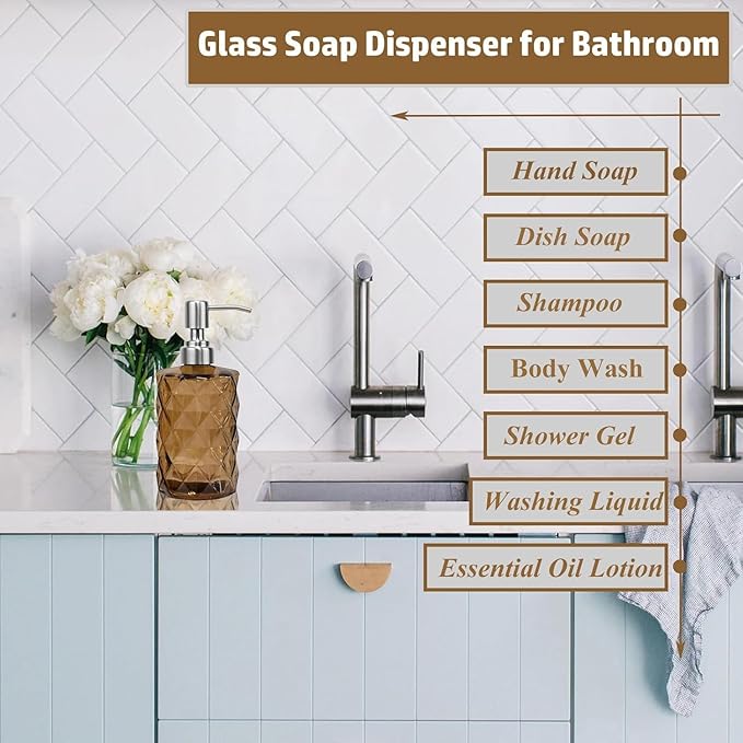 12Oz Brown Soap Dispenser Bathroom - 2 Pack, Clear Glass Hand Soap Dispensers with Stainless Steel Pump, Refillable Dish Soap Dispenser for Kitchen, Countertop Soap Dispensers