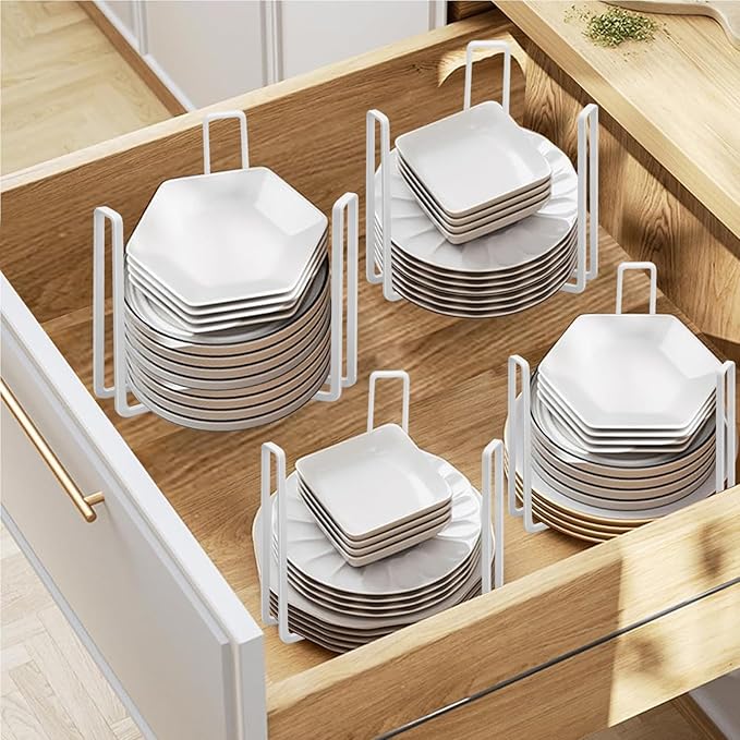 Dinnerware Bowl Plate Holder Fit for 6.5 Inches Diameters Bowl, Metal Bowl Storage Dying Display Rack for Kitchen Drawer, Countertop, Cabinet, Shelf, Cupboard (White, Small 1PCS+Large 1PCS)