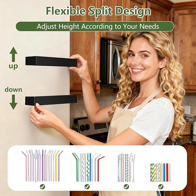 9.5â Large Acrylic Straw Holder for Cabinet Door - Reusable Tumbler Straw Organizer Storage, Small Kitchen Accessories Container, Ultra Sticky Cupboard Door Mounted (Black)