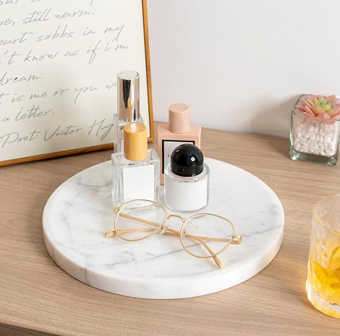 Natural Marble Decorative Tray for Bathroom Bedroom Kitchen Dresser, 9.8â Round Vanity Trays for Jewelry, Perfume, Cosmetic, Candle, Countertop Storage Organizer for Home Decor White, Arabescato