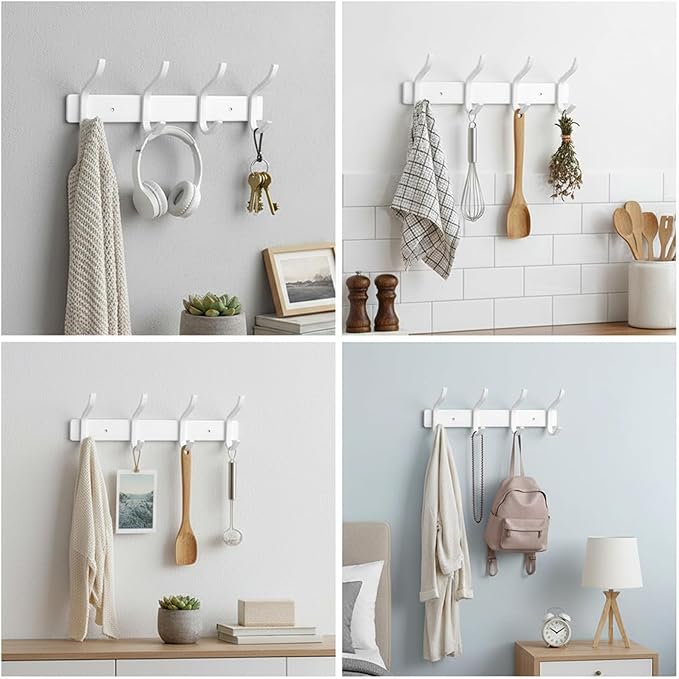 Coat Hanger Wall Mount, 12 Inch Coat Hooks Wall Mount with 4 Hooks, White Wall Hooks for Entryway, Bathroom - for Hanging Backpack, Bag, Coat, Purse, Hat, Towel, Clothes