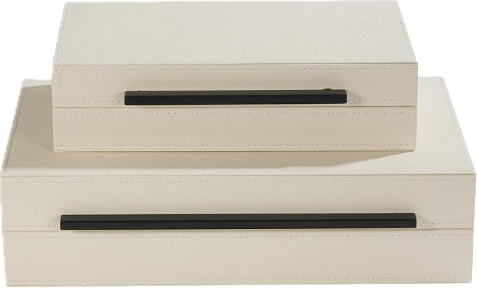 Set of 2 White Faux Leather Decorative Boxes With Black Metal Handles,Faux Leather Jewelry Boxes Storgage Boxes Organizer Box For All Occasions White Home Decor (Peal White- Black, 2pack)