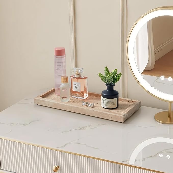 Natural Small Marble Vanity Tray, Luxury Stone Organizer for Bathroom & Kitchen | Holds Soap Dispenser, Jewelry, Perfume | Non-Resin, Non-Ceramic Décor (Travertine, M (11.8" x 5.1" x 0.78"))