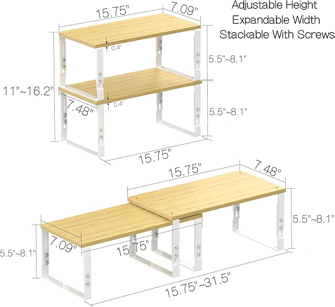 Expandable Kitchen Cabinet Organizer Shelves â Stackable Adjustable Metal and Wood Storage Racks for Countertop, Pantry, Garage Set of 2 Spice Rack â Easy Assembly, Space-Saving(2 Packs/Large/White)