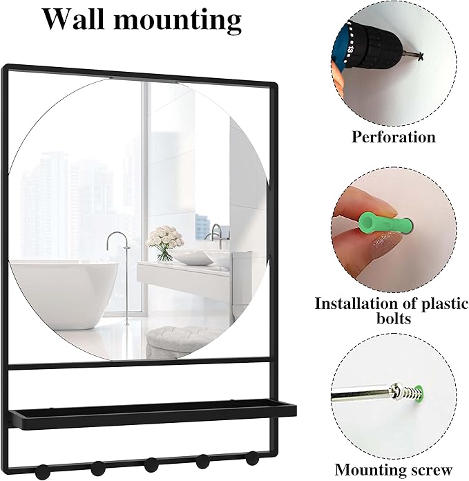 WONSTART Wall Mirror with Shelf and Hooks, 21" X 28" Metal Framed Bathroom Mirror with Shelf, Decorative Mirror for Bathroom, Entryway, Bedroom, Living Room (Black, 21 x 28)
