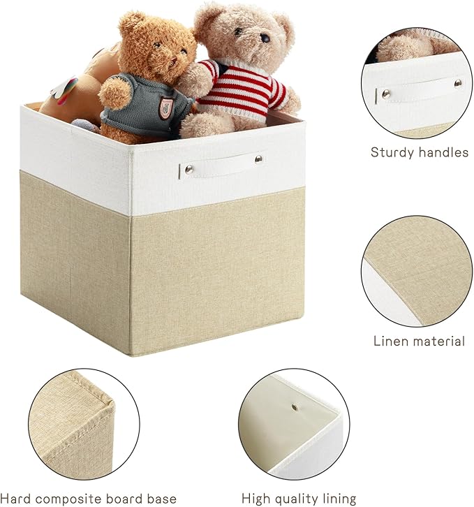 13 x 13 Inch Fine Linen Storage Bins with Handles,Fabric Cube Boxs,Basket Organizers for Shelves for Home, Closet Drawers (White/Khaki-6 Pack)
