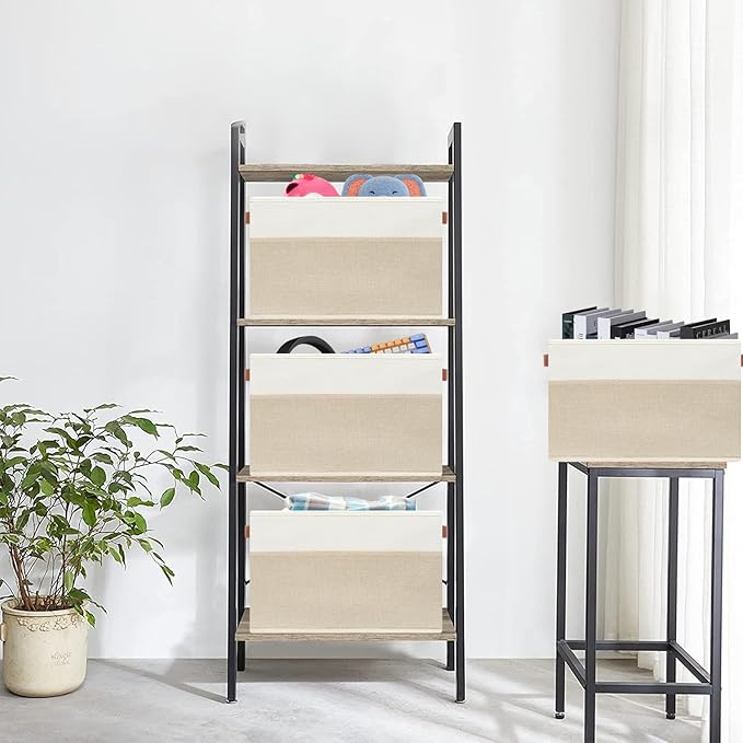 SNWDN 4 Pack Fabric Storage Baskets for Organizing Collapsible Fabric Storage Bins with Handles for Home and Office Organizing (White/Beige 15''Lx13''Wx13''H)