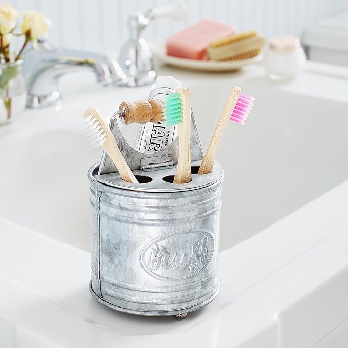 Autumn Alley Farmhouse Toothbrush Holders for Bathrooms - Rustic Galvanized Tooth Brush Holder - Farmhouse Bathroom Accessories Country Decor, Toothpaste & Electric Kids Toothbrush Compartment, Grey