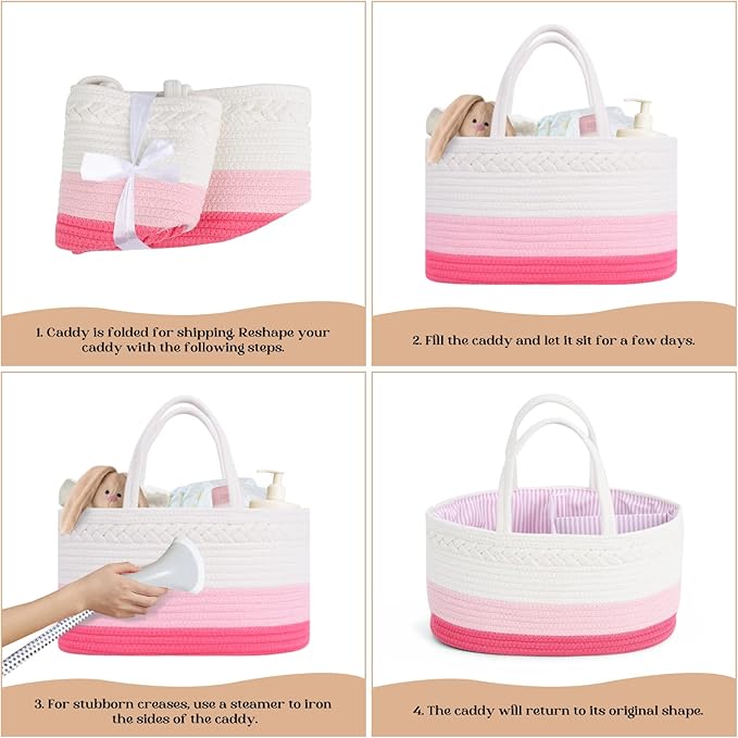 luxury little Diaper Caddy Organizer for Changing Table, Baby Diaper Basket, Portable Storage Basket, Wipes, Car Organizer, Nursery, Baby caddy (Pink)
